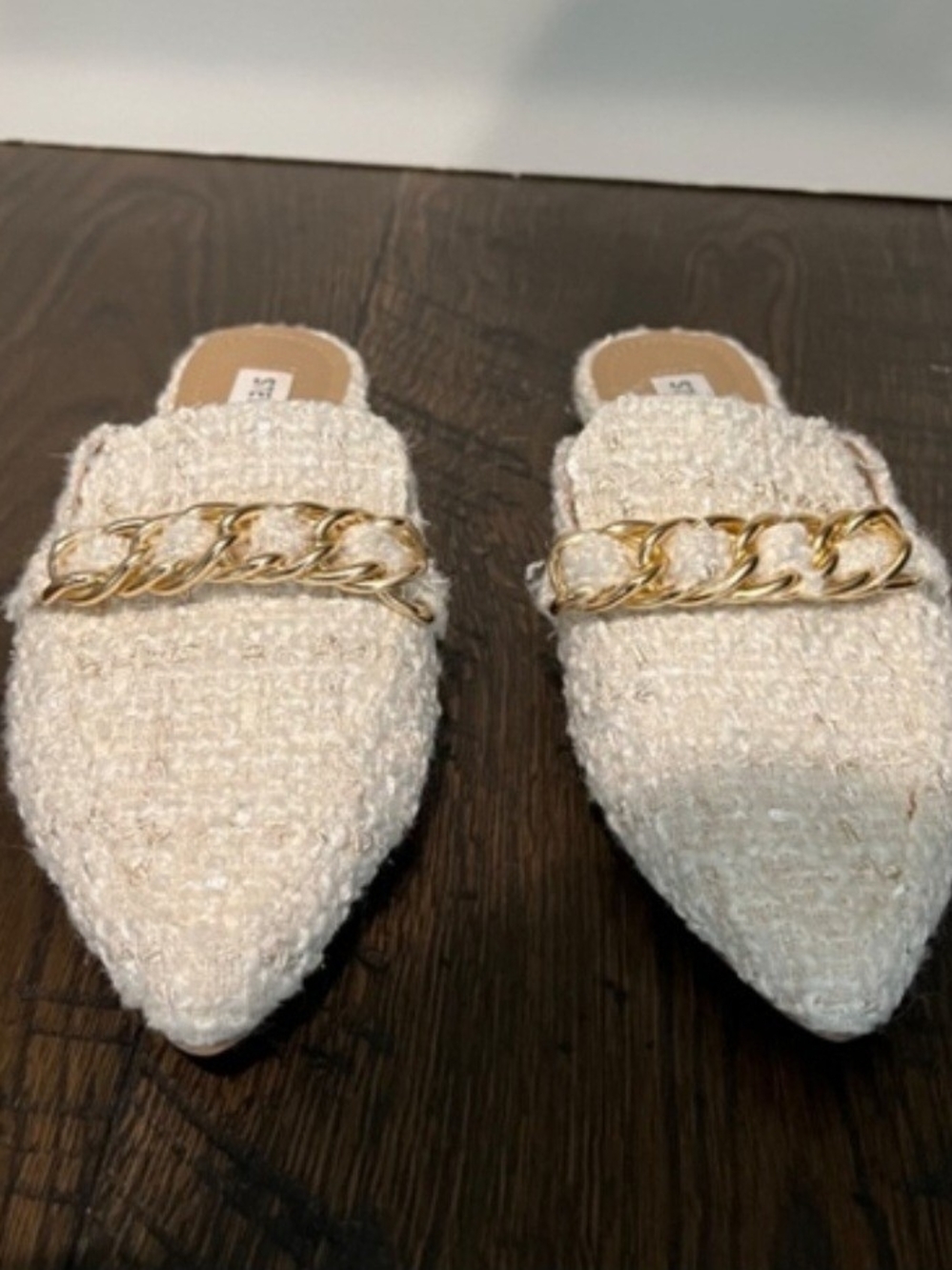 Steve Madden Cream Tweed Pointed Mules with Gold Chain